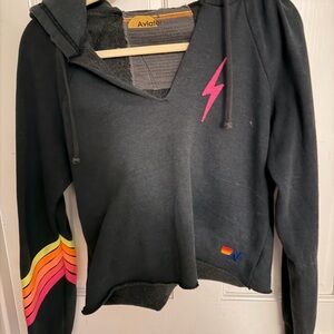 Aviator Nation Black V-Neck Sweater with Pink and Rainbow Accents